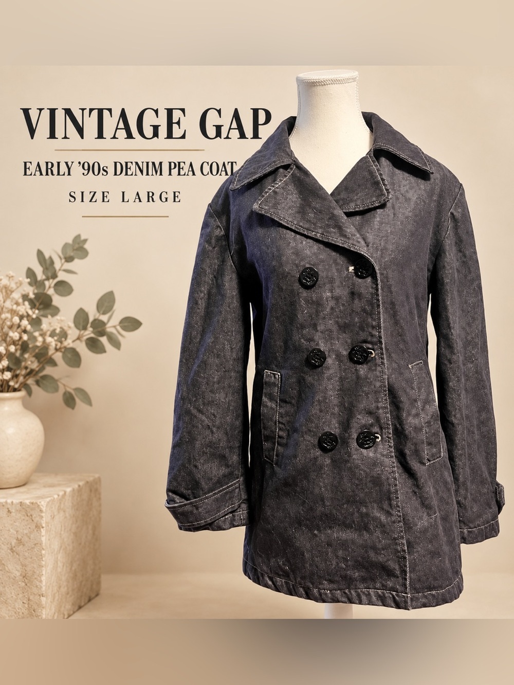 Vintage 90s GAP Denim Peacoat Jacket Large Anchor Buttons